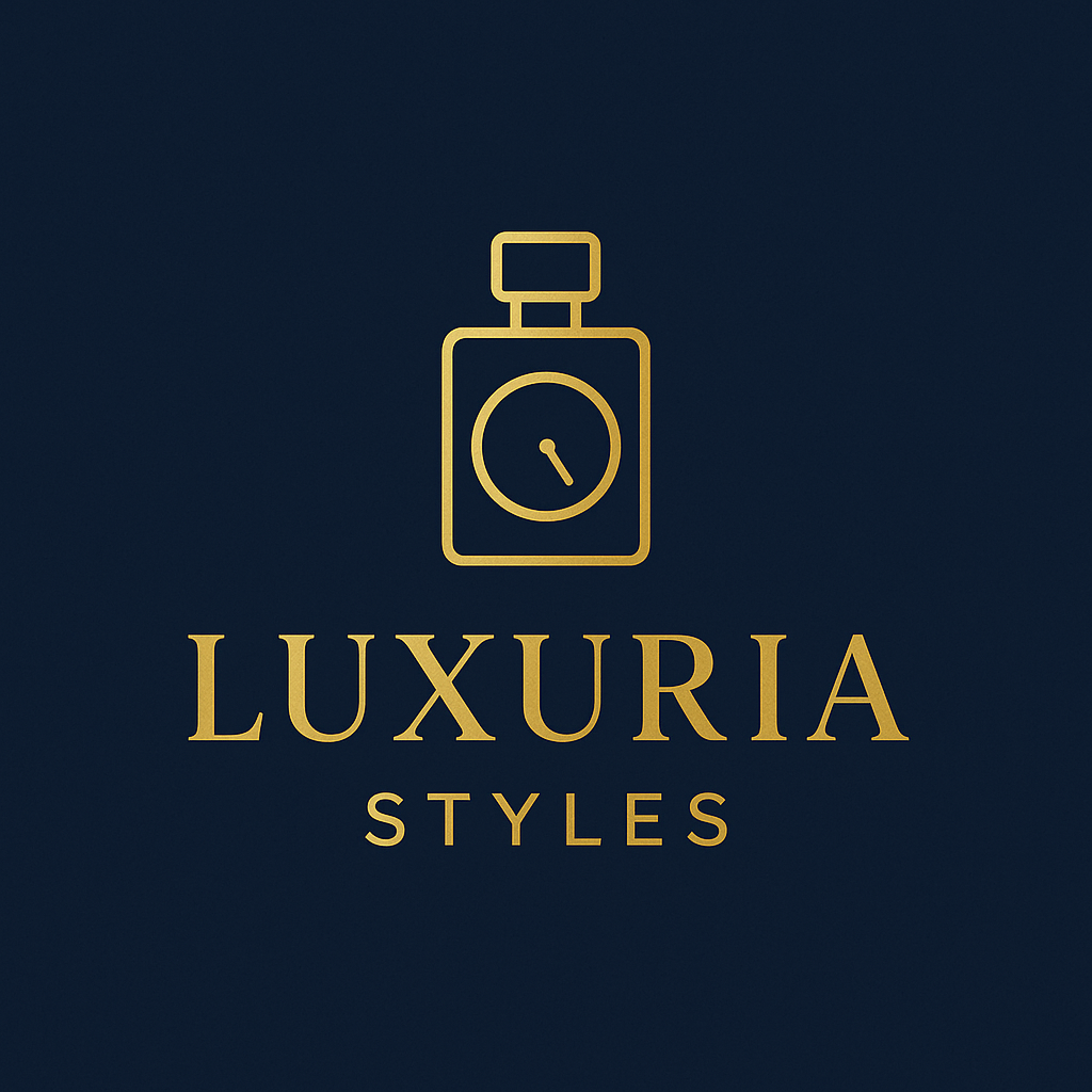 Luxuria Styles luxury perfume bottles and elegant wristwatches displayed on a dark blue and gold background"